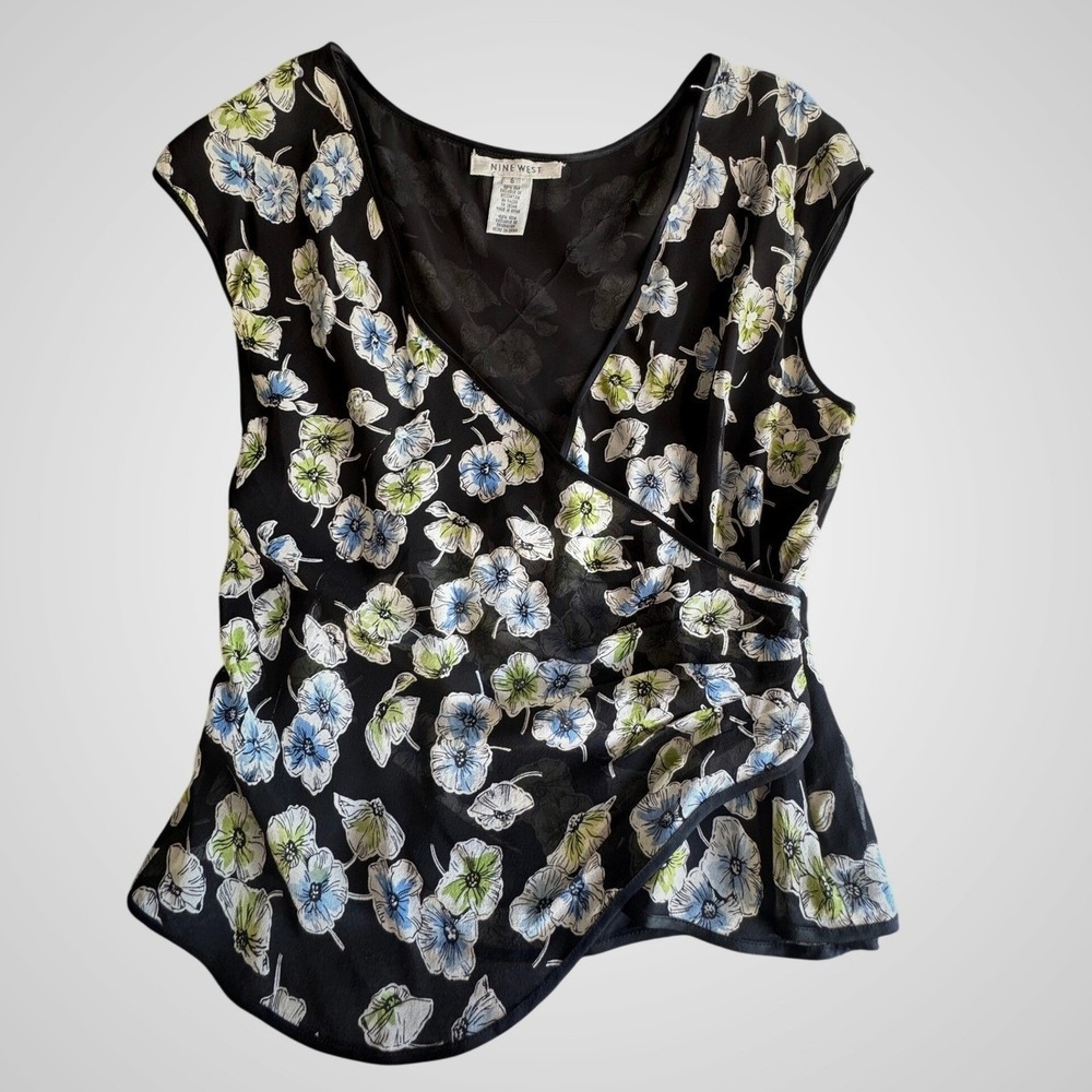 Nine West Womens 100% Silk Floral Wrap Blouse Black Blue Green Cap Sleeve Size 6